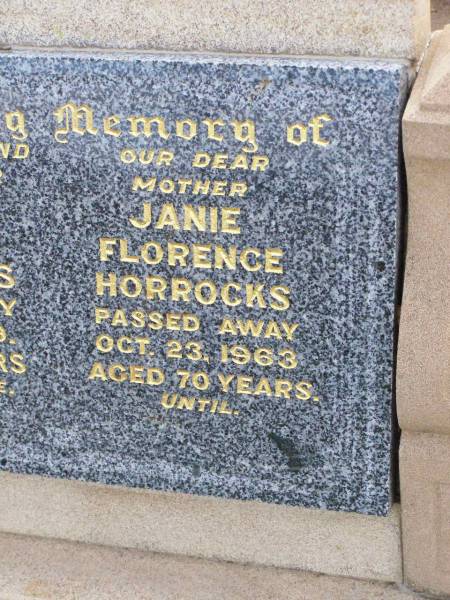Thomas William HORROCKS, husband father,  | died 1 Feb 1959 aged 65 years;  | Janie Florence HORROCKS, mother,  | died 23 Oct 1963 aged 70 years;  | Ma Ma Creek Anglican Cemetery, Gatton shire  | 