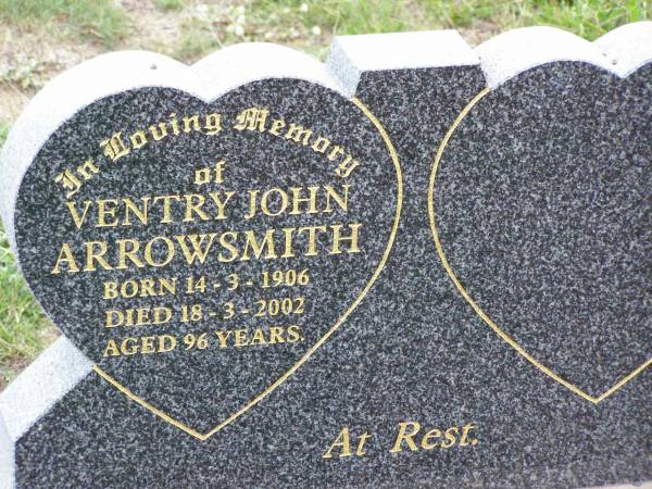 Ventry John ARROWSMITH,  | born 14-3-1906 died 18-3-2002 aged 96 years;  | Ma Ma Creek Anglican Cemetery, Gatton shire  | 