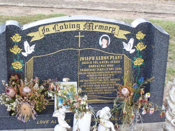 Joseph (Joe) Aaron PLANT,  | son brother,  | born 2 May 1986  | died tragically 12 Nov 2001  | aged 15 years 6 months 10 days;  | Ma Ma Creek Anglican Cemetery, Gatton shire  | 