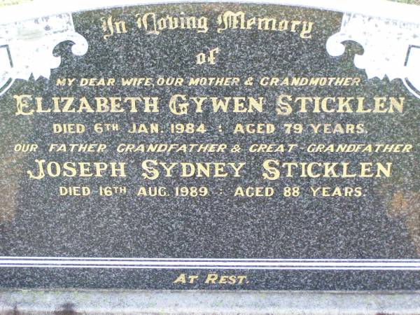 Elizabeth Gywen STICKLEN,  | wife mother grandmother,  | died 6 Jan 1984 aged 79 years;  | Joseph Sydney STICKLEN,  | died 16 Aug 1989 aged 88 years;  | Ma Ma Creek Anglican Cemetery, Gatton shire  | 