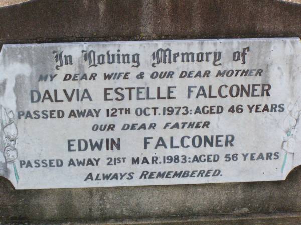 Dalvia Estelle FALCONER, wife mother,  | died 12 Oct 1973 aged 46 years;  | Edwin FALCONER, father,  | died 21 Mar 1983 aged 56 years;  | Ma Ma Creek Anglican Cemetery, Gatton shire  | 
