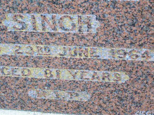 Rachel Nagina SINGH, mother,  | died 23 June 1964 aged 81 years;  | Ma Ma Creek Anglican Cemetery, Gatton shire  | 