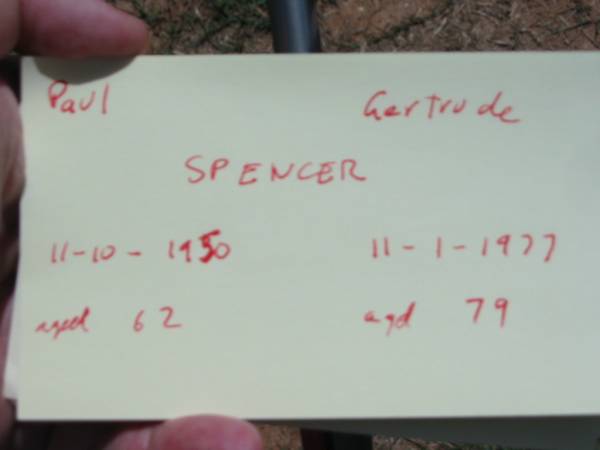Paul SPENCER,  | died 11-10-1950 aged 62 years;  | Gertrude SPENCER,  | died 11-1-1977 aged 79 years;  | Maclean cemetery, Beaudesert Shire  | 