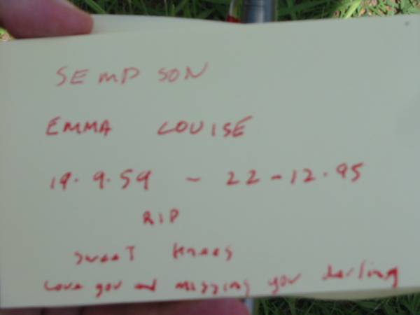 SEMPSON, Emma Louise,  | 19-9-59 - 22-12-95;  | Maclean cemetery, Beaudesert Shire  | 