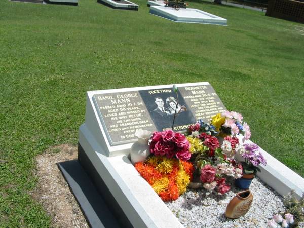 Basil George MANN,  | died 19-1-84 aged 58 years,  | wife Hettie;  | Henrietta MANN,  | died 28-6-95 aged 69 years,  | missed by children grandchildren great-grandchildren;  | Maclean cemetery, Beaudesert Shire  | 