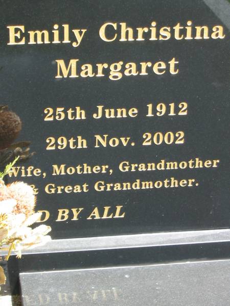 Charles Henry PRIOR,  | 22 Feb 1912 - 25 Aug 2004,  | husband father grandfather great-grandfather;  | Emily Christina Margaret PRIOR,  | 25 June 1912 - 29 Nov 2002,  | wife mother grandmother great-grandmother;  | Maclean cemetery, Beaudesert Shire  | 