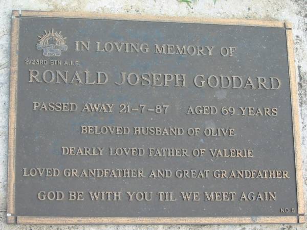 Ronald Joseph GODDARD,  | died 21-7-87 aged 69 years,  | husband of Olive,  | father of Valerie,  | grandfather great-grandfather;  | Maclean cemetery, Beaudesert Shire  | 
