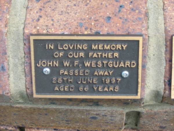 John W.F. WESTGUARD, father,  | died 25 June 1997 aged 66 years;  | Maclean cemetery, Beaudesert Shire  | 