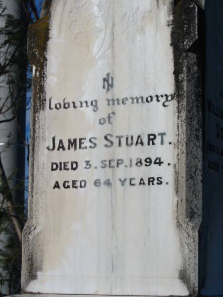 Mary STUART, died 10 May 1923 aged 93 years;  | William Scott STUART, died 3 Aug 1894 aged 29 years;  | James STUART, died 3 Sept 1894 aged 64 years;  | Marburg Anglican Cemetery, Ipswich  | 