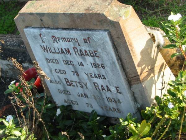 William RAABE, died 14 Dec 1926 aged 73 years;  | Betsy RAABE, died 30 Jan 1934 aged 73 years;  | Marburg Anglican Cemetery, Ipswich  | 