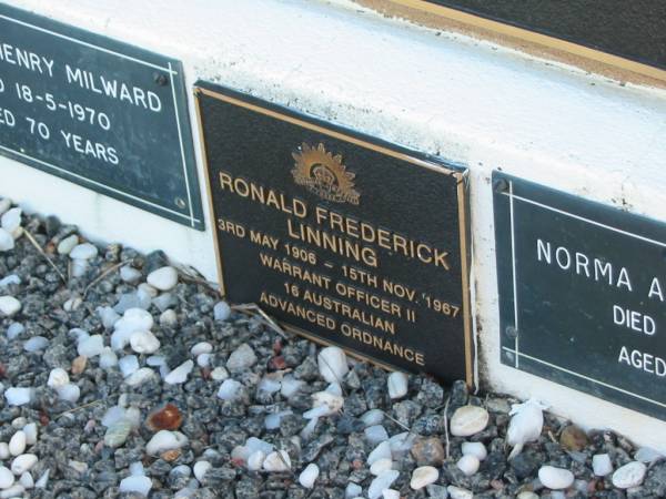 Ludwig W. LINNING, 27-4-1878 - 10-12-1955;  | Violet H. LINNING, 22-3-1882 - 13-7-1965;  | Annie HECK, 21-11-1888 - 6-8-1976;  | their sons and daughters;  | Norma, 12-9-1904 - 22-4-1980;  | Ronald, 3-5-1906 - 17-11-1967;  | George, 9-4-1907 - 11-9-1991;  | Ralph, 30-8-1908 - 4-4-1977;  | Dudley, 11-4-1911 - 31-7-1969;  | May, 21-3-1913 - 29-11-1993;  | Basil, 8-7-1918 - 26-4-2000;  | also;  | Alfred Henry MILWARD, died 18-5-1970, aged 70 years;  | Ronald Frederick LINNING, 3 May 1906 - 15 Nov 1967;  | Norma Alice MILWARD, died 22-4-1980 aged 75 years;  | Marburg Anglican Cemetery, Ipswich  | 