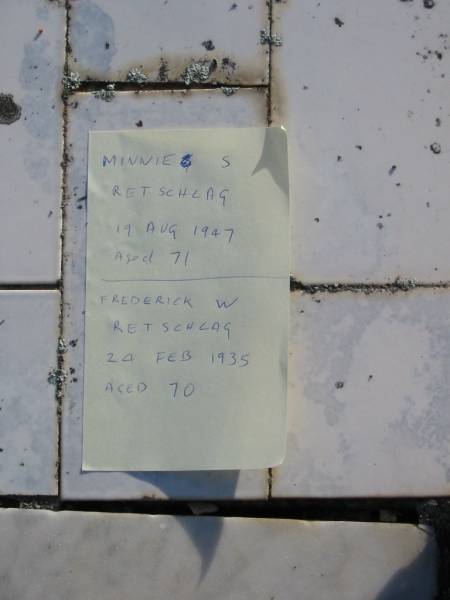 Minnie S. RETSCHLAG, died 19 Aug 1947 aged 71 years;  | Frederick W. RETSCHLAG, died 24 Feb 1935 aged 70 years;  | Marburg Anglican Cemetery, Ipswich  | 