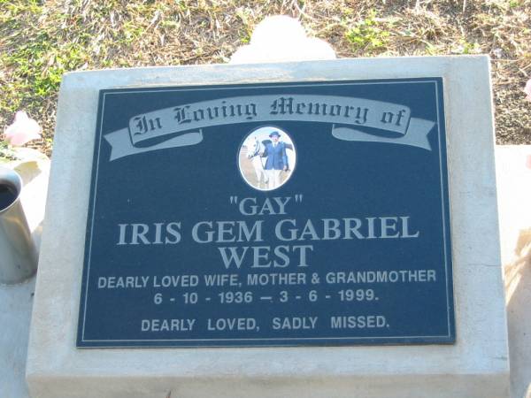  Gay  Iris Gem Gabriel WEST,  | 6-10-1936 - 3-6-1999,  | wife mother grandmother;  | Marburg Anglican Cemetery, Ipswich  | 
