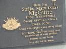 Stella Mary (Star) MCGUIRE, nee WENNERBOM,
died 6-7-2000,
wife of Brian, mother of Jilly, Kerry & Danny, grandmother;
Marburg Lutheran Cemetery, Ipswich
