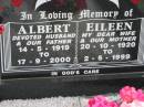 BLANK;
Albert, husband father,
14-5-1919 - 179-2000;
Eileen, wife mother,
20-10-1920 - 2-5-1999;
Marburg Lutheran Cemetery, Ipswich