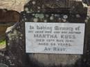 Martha KUSS, wife mother,
died 15 Nov 1941 aged 68 years;
Marburg Lutheran Cemetery, Ipswich
