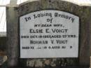 Elsie E. VOIGT, wife,
died 19 Oct 1957 aged 57 years;
Norman V. VOIGT,
died 14 Feb 1980 aged 80 years;
Marburg Lutheran Cemetery, Ipswich