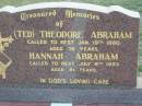(Ted) Theodore ABRAHAM,
died 19 Jan 1980 aged 78 years;
Hannah ABRAHAM,
died 8 July 1997 aged 91 years;
Marburg Lutheran Cemetery, Ipswich
