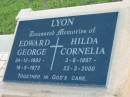 LYON;
Edward George,
24-12-1893 - 18-9-1973;
Hilda Cornelia,
3-6-1897 - 23-3-2000;
Marburg Lutheran Cemetery, Ipswich