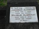 Johannah ALBRECHT,
died 7 Sept 1924 aged 84 years;
Wilhelm ALBRECHT,
died 8 Aug 1932 aged 95 years;
Marburg Lutheran Cemetery, Ipswich