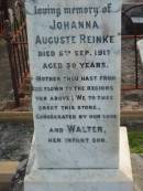 Johanna Auguste REINKE,
died 5 Sept 1917 aged 39 years;
Walter, her infant son;
Marburg Lutheran Cemetery, Ipswich