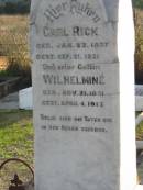 Carl RICK,
born 23 Jan 1837 died 21 Sept 1921;
Wilhelmine,
born 21 Nov 1851 died 4 April 1912;
Marburg Lutheran Cemetery, Ipswich