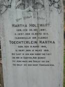 Martha HOLZWART,
born 23 Dec 1894 died 12 March 1919;
Toechterlein Martha,
born 9 March 1919 died 12 March 1919;
Marburg Lutheran Cemetery, Ipswich