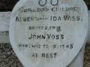 children;
Albert & Ida VOSS,
Oct 22 1941;
John VOSS,
12 to 15 March 1943;
Marburg Lutheran Cemetery, Ipswich