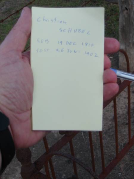 Christian SCHUEBEL,  | born 19 Dec 1810,  | died 26 June 1902,  | Marburg Lutheran Cemetery, Ipswich  | 