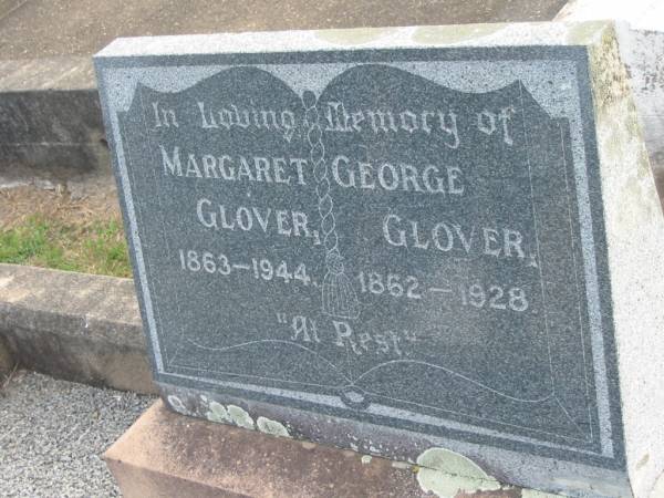 Margaret GLOVER, 1863 - 1944;  | George GLOVER, 1962 - 1928;  | Marburg Lutheran Cemetery, Ipswich  | 