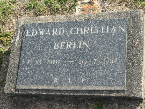 Edward Christian BERLIN,  | 7-10-1907 - 20-7-1947;  | Marburg Lutheran Cemetery, Ipswich  | 