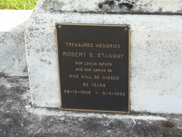 Sarah BERLIN, 1880 - 1937;  | Henry W. BERLIN, 1878 - 1957;  | Robert G. STANWAY, father pa,  | 28-12-1909 - 5-4-1992 aged 82 years;  | Lilly P. STANWAY, wife mother nanna,  | 24-3-18 - 18-11-90 aged 72 years;  | Marburg Lutheran Cemetery, Ipswich  | 