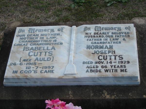 Isabella CUTTS, nee AULD,  | mother mother-in-law grandmother great-grandmother,  | 26-6-1915 - 12-71997;  | Norman Joseph CUTTS,  | husband father father-in-law grandfather,  | died 14 Nov 1979 aged 66 years;  | Marburg Lutheran Cemetery, Ipswich  | 