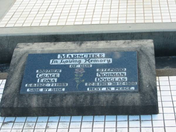 MARSCHKE,  | Grace Edna, 5-6-1922 - 7-1-1989, mother;  | Norman Douglas, 22-11-1919 - 30-12-1989, stepdad;  | Marburg Lutheran Cemetery, Ipswich  | 