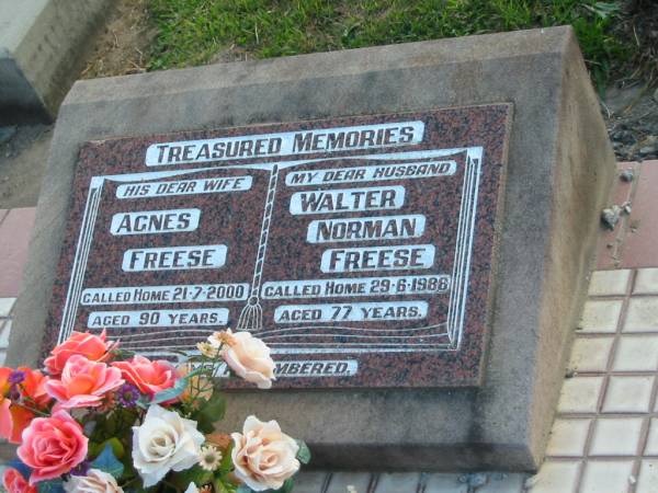 Agnes FREESE, wife,  | died 21 July 2000 aged 90 years;  | Walter Norman FREESE, died 29-6-1986 aged 70 years;  | Marburg Lutheran Cemetery, Ipswich  | 
