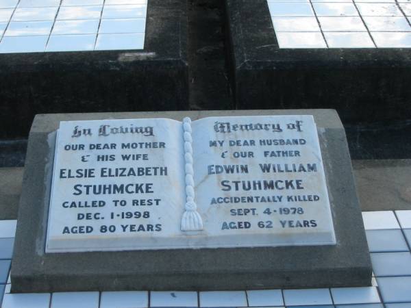 Elsie Elizabeth STUHMCKE, mother wife,  | died 1 Dec 1998 aged 80 years;  | Edwin William STUHMCKE, husband father,  | accidentally killed 4 Sept 1978 aged 62 years;  | Marburg Lutheran Cemetery, Ipswich  |   | 