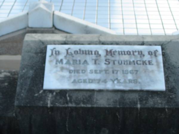 Maria T. STUHMCKE,  | died 17 Sept 1867 aged 74 years;  | Marburg Lutheran Cemetery, Ipswich  | 