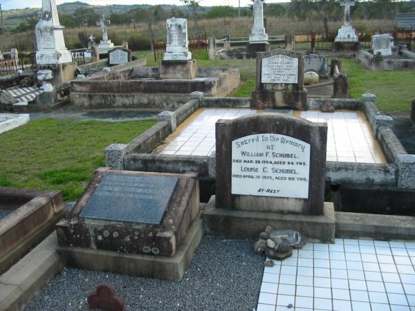William F. SCHUBEL,  | died 28 Mar 1954 aged 64 years;  | Louise C. SCHUBEL,  | died 15 April 1975 aged 89 years;  | Ivy Irene ZABEL, wife mother,  | died 16 June 1961 aged 48? years;  | Marburg Lutheran Cemetery, Ipswich  | 