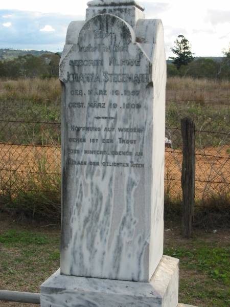 Johanna STEGEMANN, nee KLEWE,  | born 19 March 1857 died 19 March 1909;  | Friederich Carl STEGEMANN,  | born 27 Nov 1892 died 11 Jan 1909;  | Marburg Lutheran Cemetery, Ipswich  | 