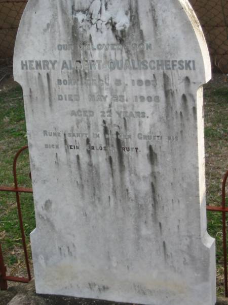 Henry Albert QUALISCHEFSKI,  | born 3 Dec 1883 died 23 May 1906 aged 22 years;  | Marburg Lutheran Cemetery, Ipswich  | 