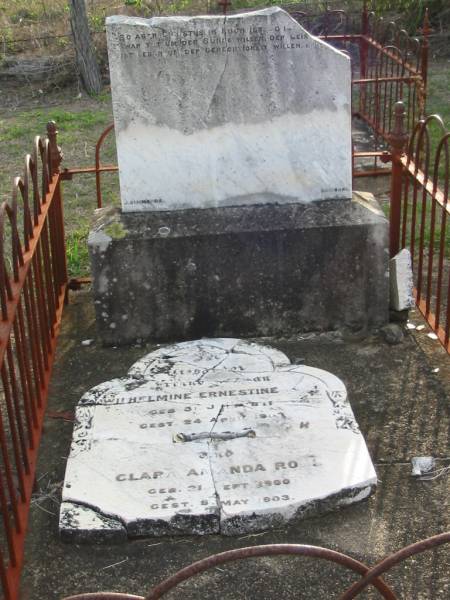 Wilhelmine Ernestine ROHL,  | born 31 Jan 1871 died 24 April 1903;  | Clara Amanda ROHL,  | born 21 Sept 1900 died 8 May 1903;  | Marburg Lutheran Cemetery, Ipswich  | 