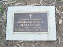 Frederick Arthur MALLINSON,
16-12-1905 - 25-7-2001;
Maroon General Cemetery, Boonah Shire
