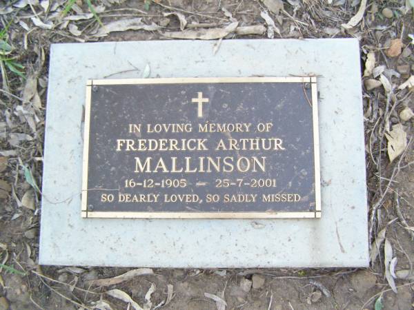 Frederick Arthur MALLINSON,  | 16-12-1905 - 25-7-2001;  | Maroon General Cemetery, Boonah Shire  | 