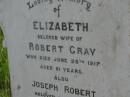 Elizabeth,
wife of Robert GRAY,
died 28 June 1917 aged 51 years;
Joseph Robert,
husband of Elizabeth GRAY,
died 11 Aug 1943 aged 72 years;
Maroon General Cemetery, Boonah Shire