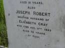 Elizabeth,
wife of Robert GRAY,
died 28 June 1917 aged 51 years;
Joseph Robert,
husband of Elizabeth GRAY,
died 11 Aug 1943 aged 72 years;
Maroon General Cemetery, Boonah Shire