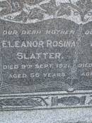 Eleanor Rosina SLATTER,
mother,
died 9 Sept 1921 aged 55 years;
Johnathan SLATTER,
father,
died 5 July 1948 aged 88 years;
Maroon General Cemetery, Boonah Shire