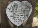 Frederick Harold MALLINSON,
son,
died 7 Jan 1939 aged 6 years 6 months;
Maroon General Cemetery, Boonah Shire