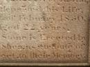 Sarah Bridget SHEA,
died 5? Dec 1851 aged 22 years;
Ann Teressa MCADAM,
sister,
died 3? Feb 1850 aged 22 years;
erected by John SHEA;
Phelip Agustin MCADAM,
drowned at sea 1852 aged 18 years;
Susanah Mary MCADAM,
drowned at sea 1852 aged 20 years;
Pioneer Cemetery, Maryborough