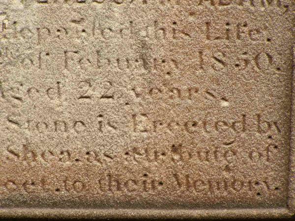 Sarah Bridget SHEA,  | died 5? Dec 1851 aged 22 years;  | Ann Teressa MCADAM,  | sister,  | died 3? Feb 1850 aged 22 years;  | erected by John SHEA;  | Phelip Agustin MCADAM,  | drowned at sea 1852 aged 18 years;  | Susanah Mary MCADAM,  | drowned at sea 1852 aged 20 years;  | Pioneer Cemetery, Maryborough  | 