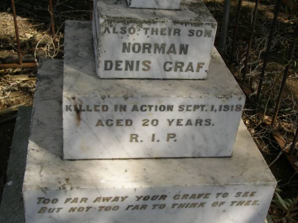 Paulina GRAF,  | died 20 Jan 1893;  | Gottfried GRAF,  | husband father,  | died 13 March 1923 aged 66 years,  | native of Switzerland;  | Norman Denis GRAF,  | son,  | killed in action 1 Sept 1918 aged 20 years;  | Meringandan cemetery, Rosalie Shire  | 